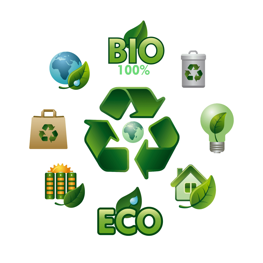 Circular arrangement of sustainability icons surrounding a globe representing integrated environmental solutions