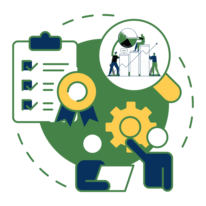 Feasibility study illustration with clipboard, gears, and lightbulb