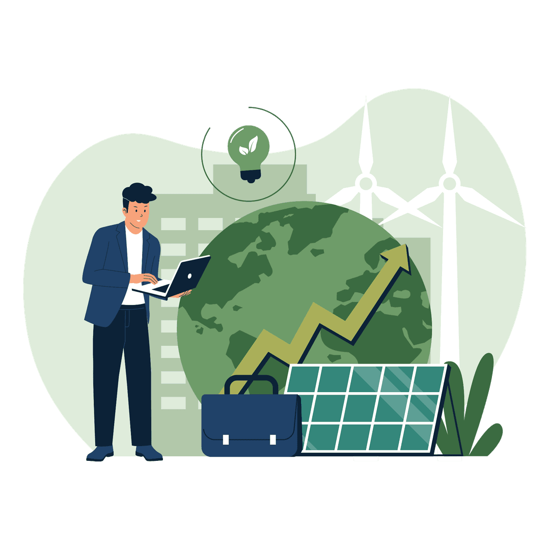 Professional reviewing integrated energy and sustainability solutions with renewable energy icons