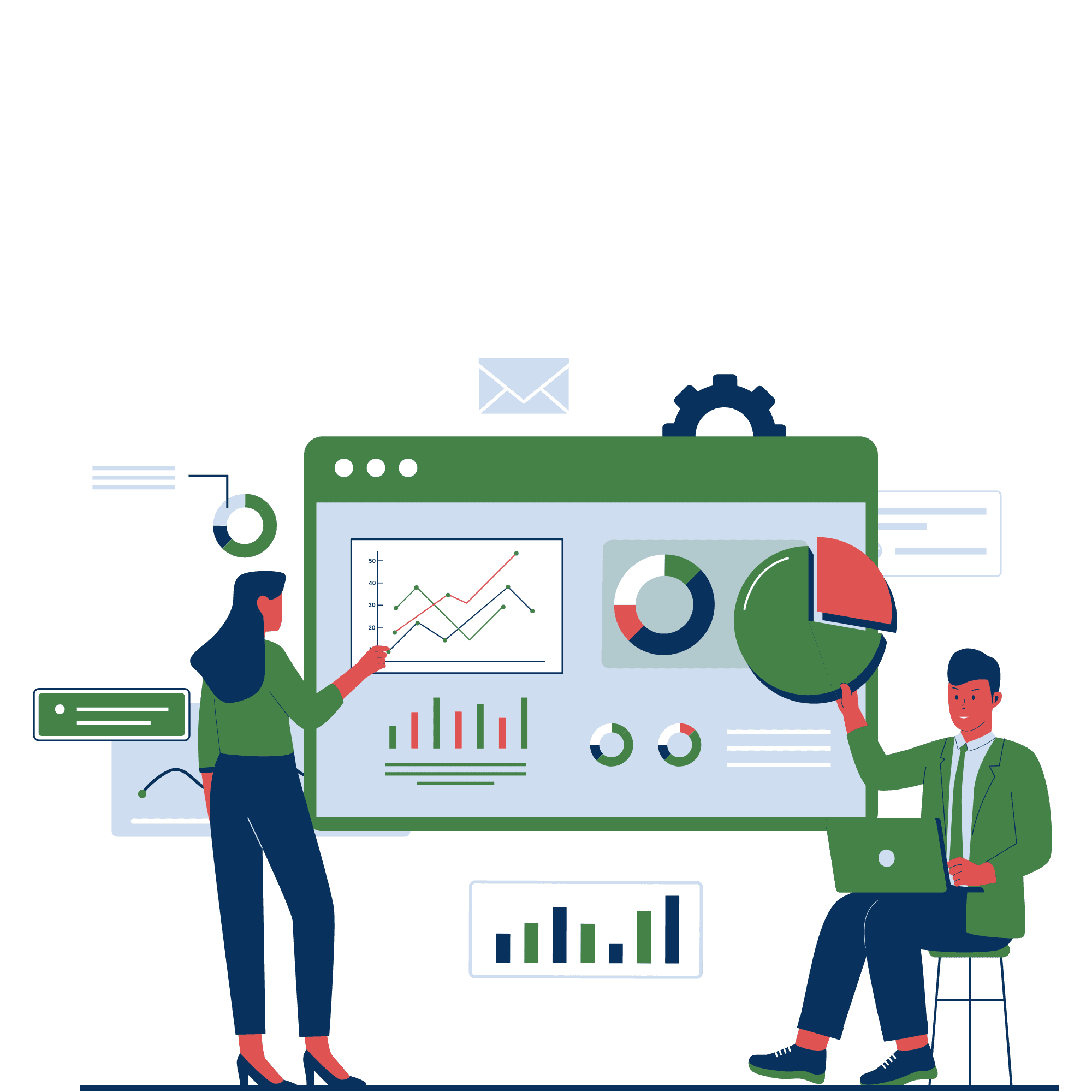 Team collaborating around a digital analytics dashboard