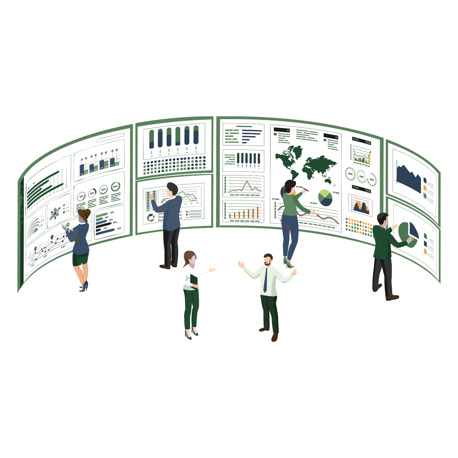 Professionals presenting data on a curved digital display